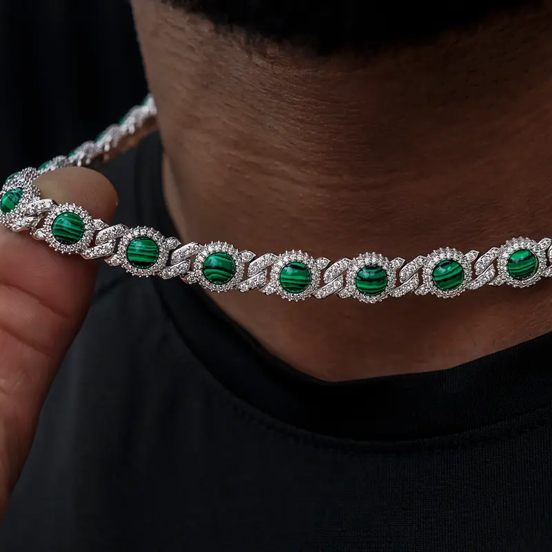 10Mm Iced Halo Cuban Chain With Malachite Inlays In 14K White Gold 1