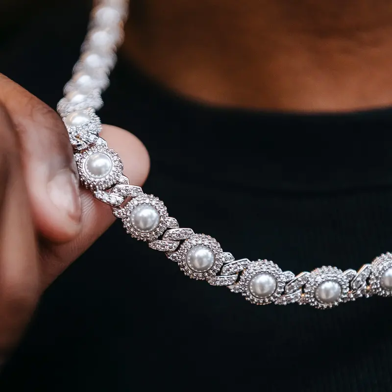 10Mm Iced Halo Cuban Chain With Pearl Accents In 14K White Gold 1
