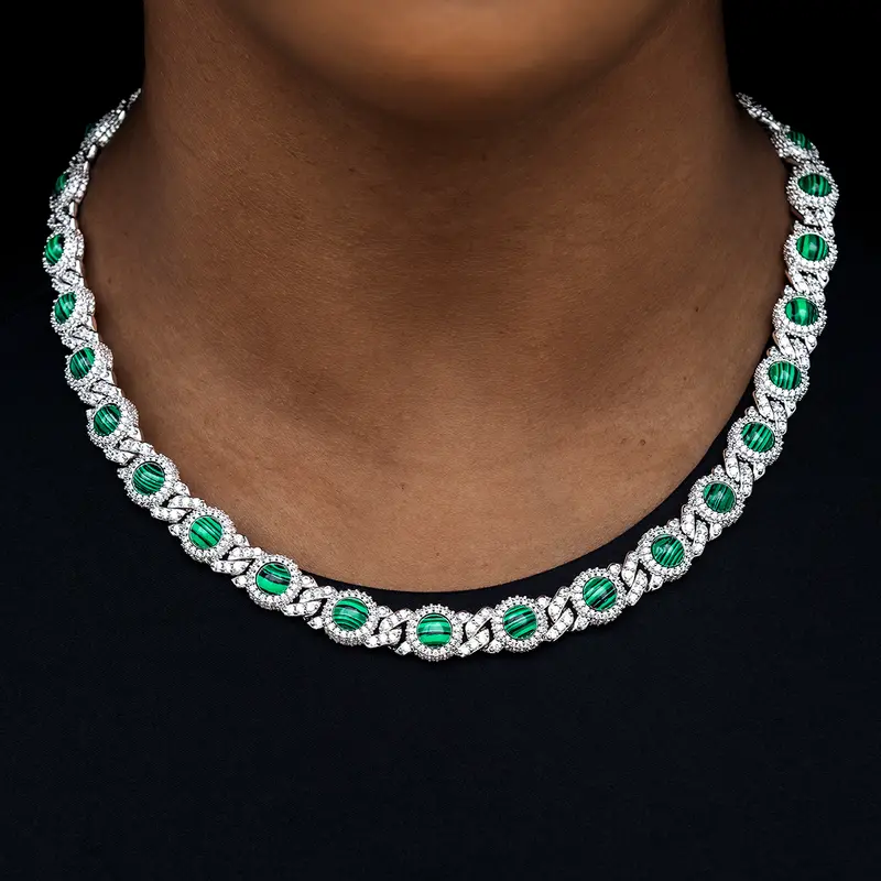 10Mm Iced Halo Cuban Necklace Featuring Malachite Accents In 14K White Gold 1