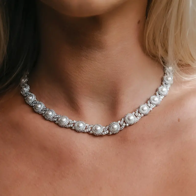 10Mm Iced Halo Cuban Necklace With Pearls In White Gold 1