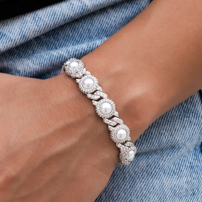 10Mm White Gold Iced Halo Cuban Bracelet With Pearls 1