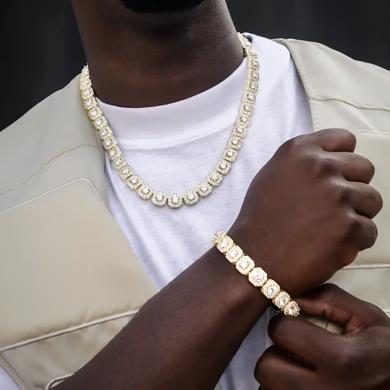12Mm Clustered Diamond Tennis Necklace And Bracelet Combo In Yellow Gold 1
