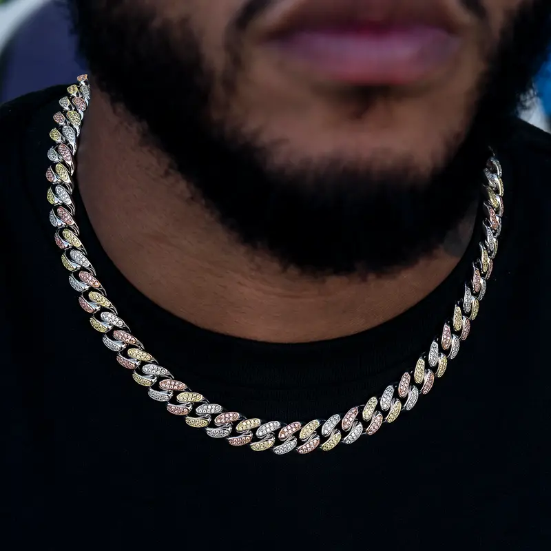 12Mm Iced Cuban Link Chain – Tri-Tone Gold Option (Yellow/Rose/White) 1