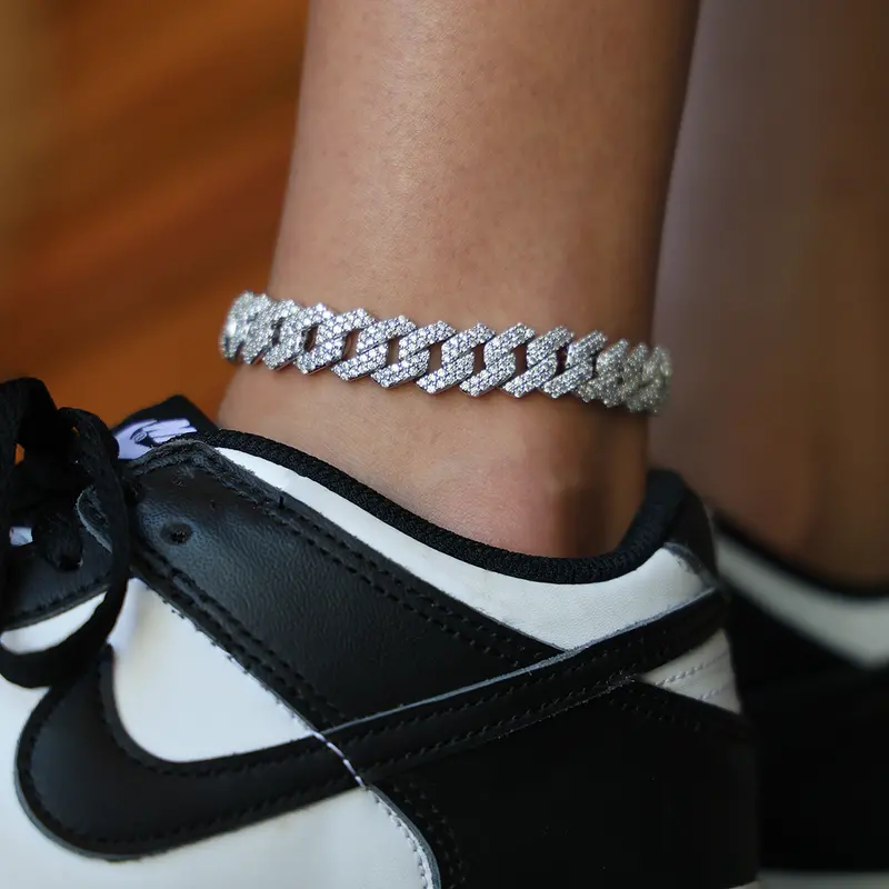 12Mm Micro-Pavé Cuban Anklet In 14K White Gold 1
