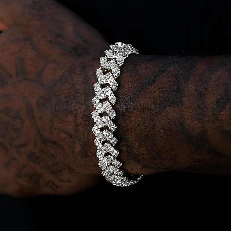12Mm Prong-Set Baguette Cuban Bracelet – White Gold 1