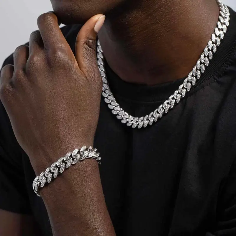 12Mm White Gold Iced Cuban Chain And Matching Bracelet Bundle 1