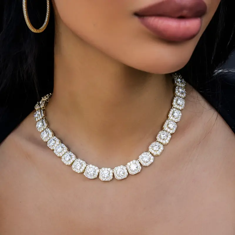 12Mm Yellow Gold Clustered Tennis Necklace 1