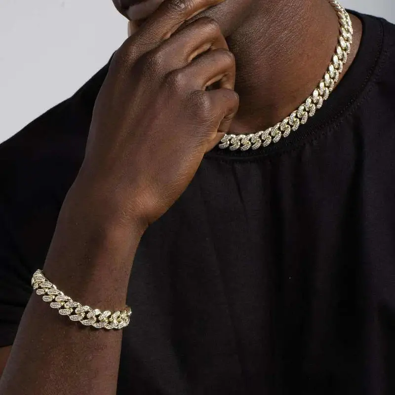 12Mm Yellow Gold Diamond Cuban Chain And Bracelet Set 1