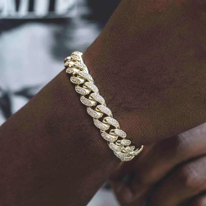 12Mm Yellow Gold Diamond Cuban Link Bracelet 1