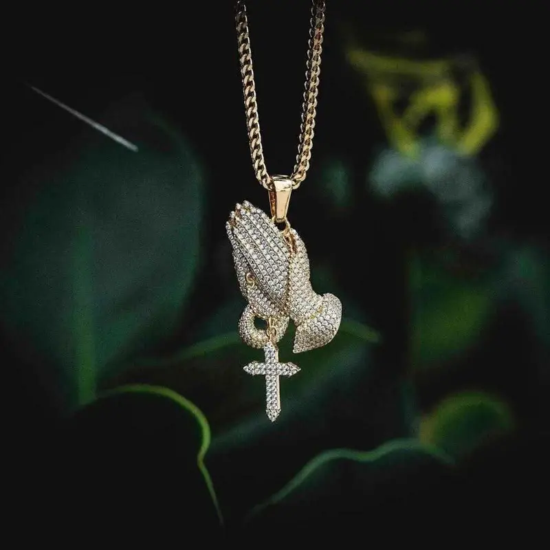 18K Vermeil Iced Praying Hands Pendant – Cubic Zirconia Detail 1