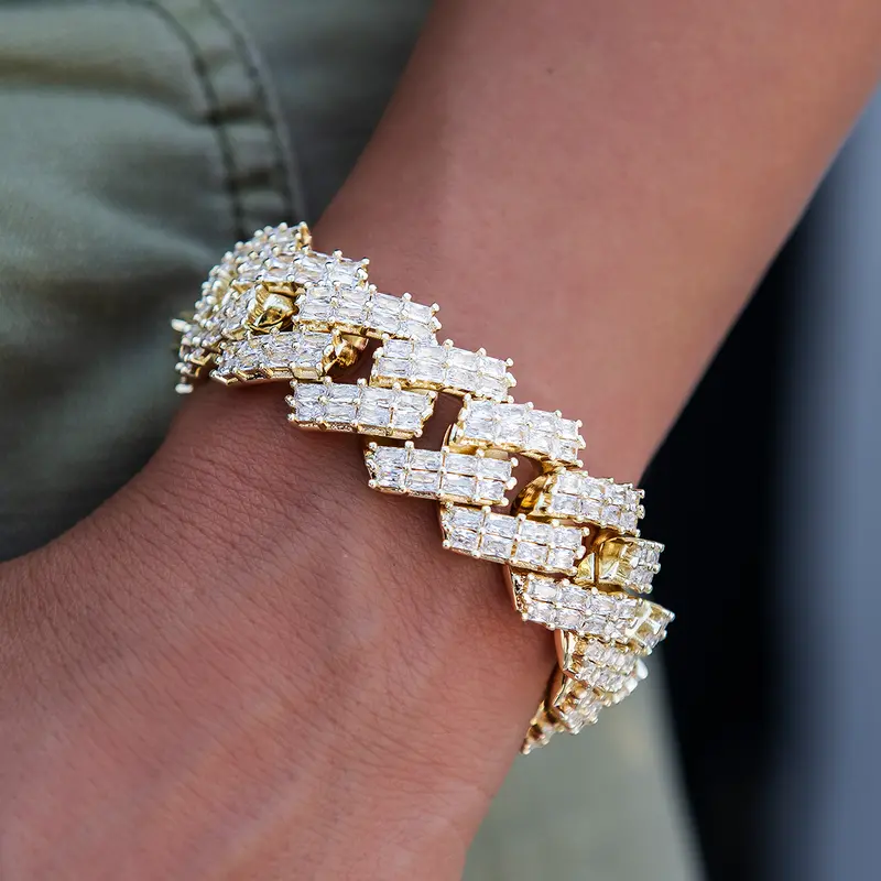 19Mm Prong-Set Baguette Cuban Bracelet In 14K Yellow Gold 1