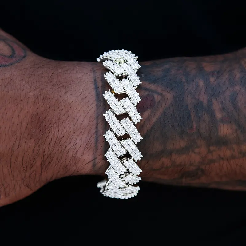 19Mm White Gold Baguette Cuban Bracelet With Prong Setting 1