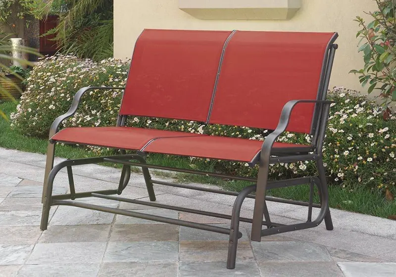 2-Person Outdoor Glider Loveseat With Red Mesh Fabric & Beige Frame 1