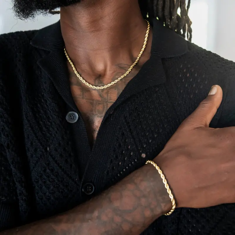 4Mm Yellow Gold Rope Chain And Bracelet Set 1