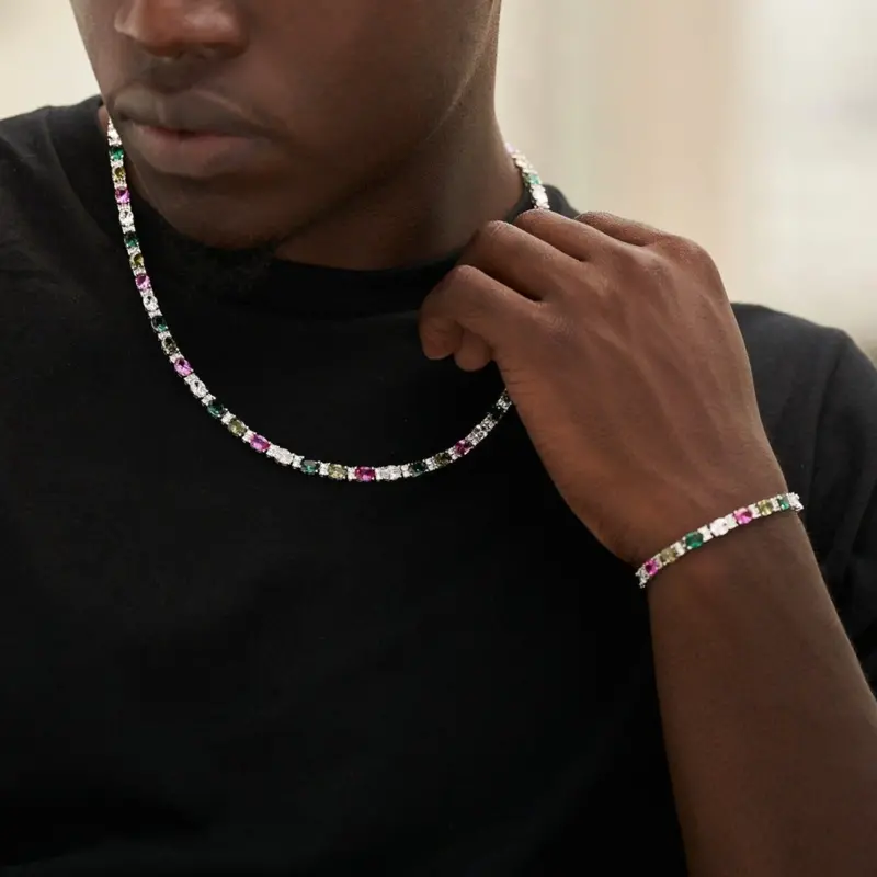 5Mm Multicolor Mixed Oval Cut Tennis Chain And Bracelet Bundle 1