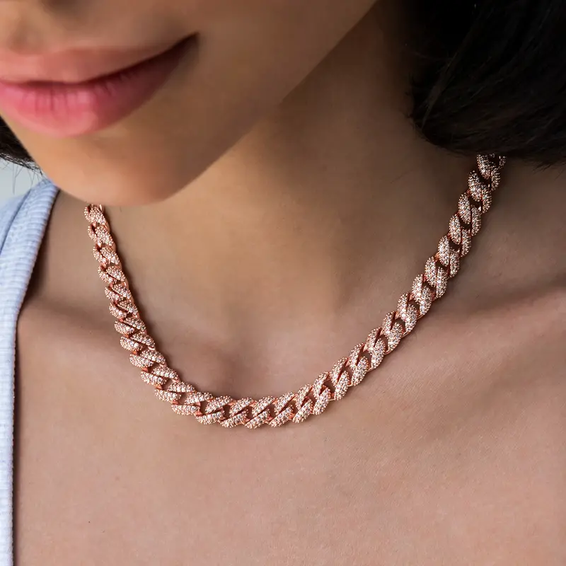 8.5Mm Rose Gold Cuban Necklace With Diamond Prong Settings 1