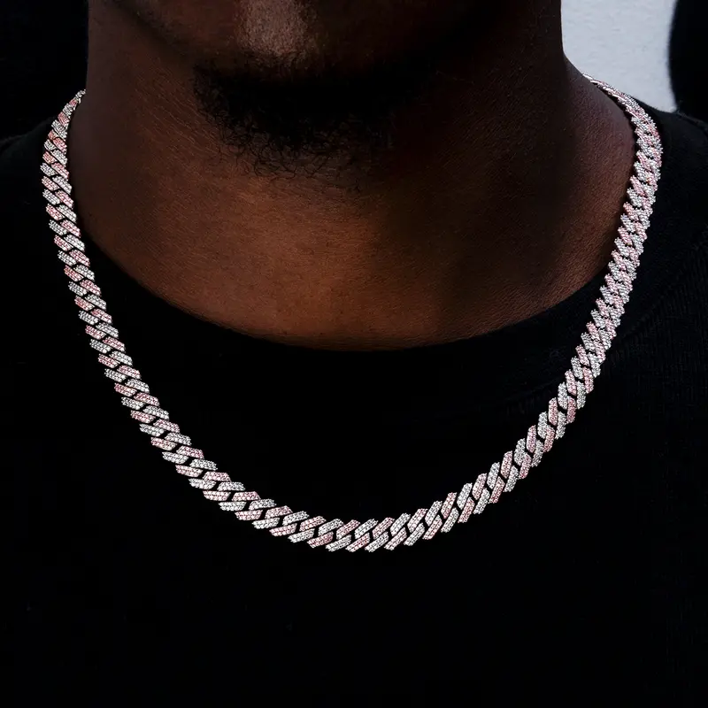 8.5Mm Two-Tone Rose And White Gold Cuban Chain With Diamond Prong Details 1