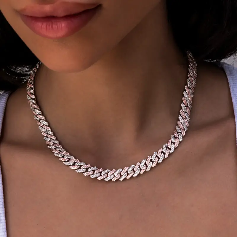 8.5Mm Two-Tone Rose And White Gold Cuban Necklace With Diamond Prongs 1