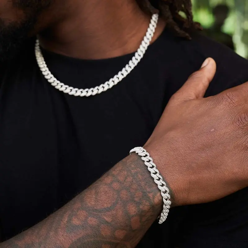8.5Mm White Gold Diamond Cuban Chain And Bracelet Combo 1