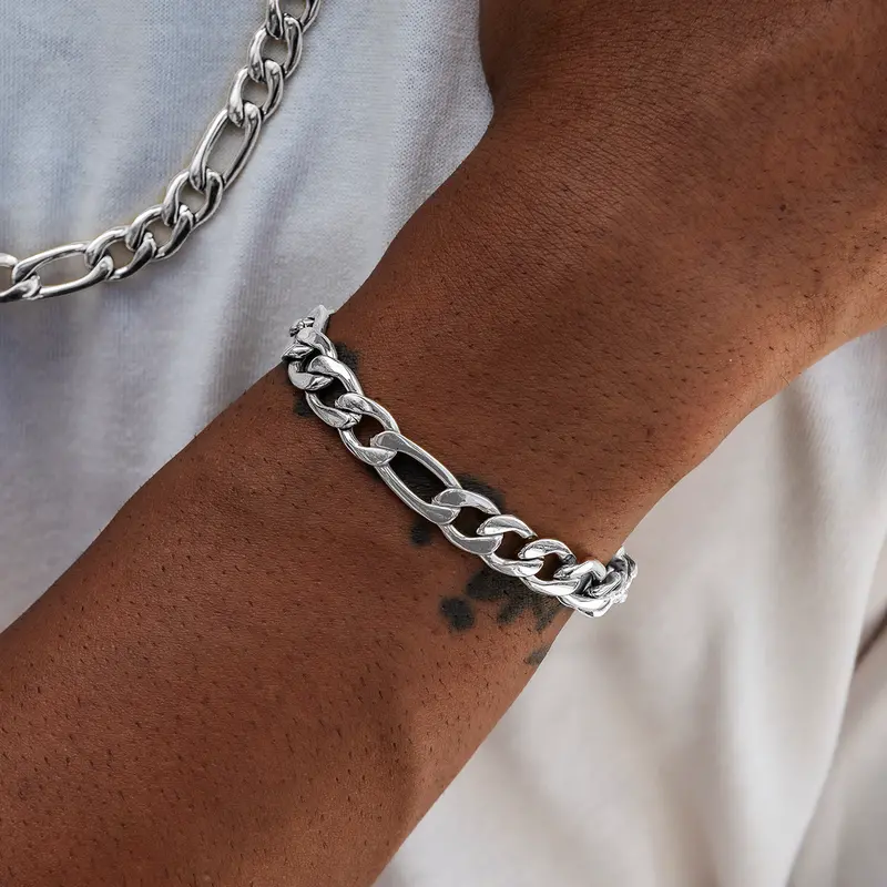 9Mm Figaro Bracelet In White Gold Plated Sterling Silver 1