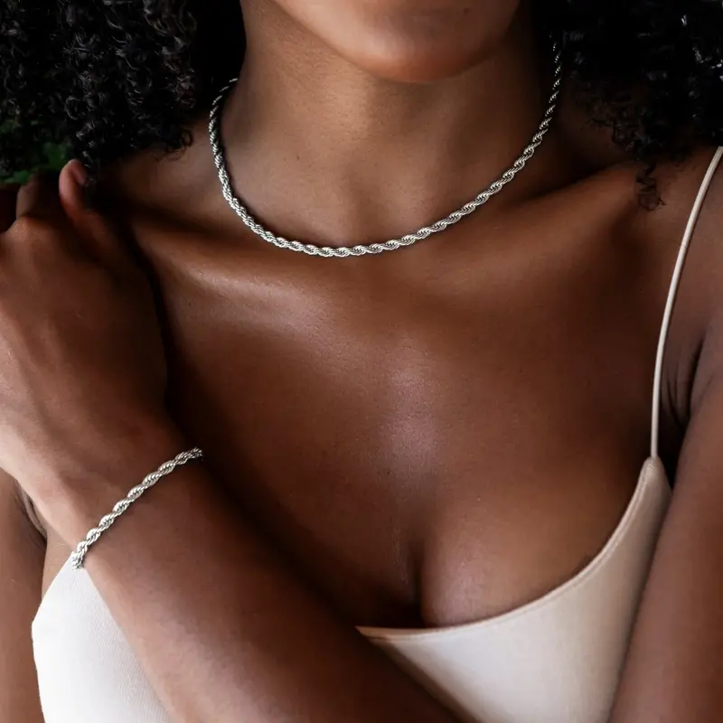 Adjustable 4Mm White Gold Rope Necklace And Bracelet Set 1