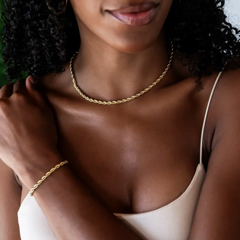 Adjustable 4Mm Yellow Gold Rope Necklace And Bracelet Set 1