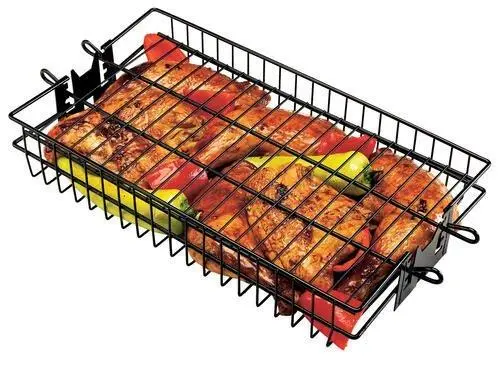 Adjustable Rotisserie Grill Basket – Non-Stick Black Steel With Integrated Basting Brush 1
