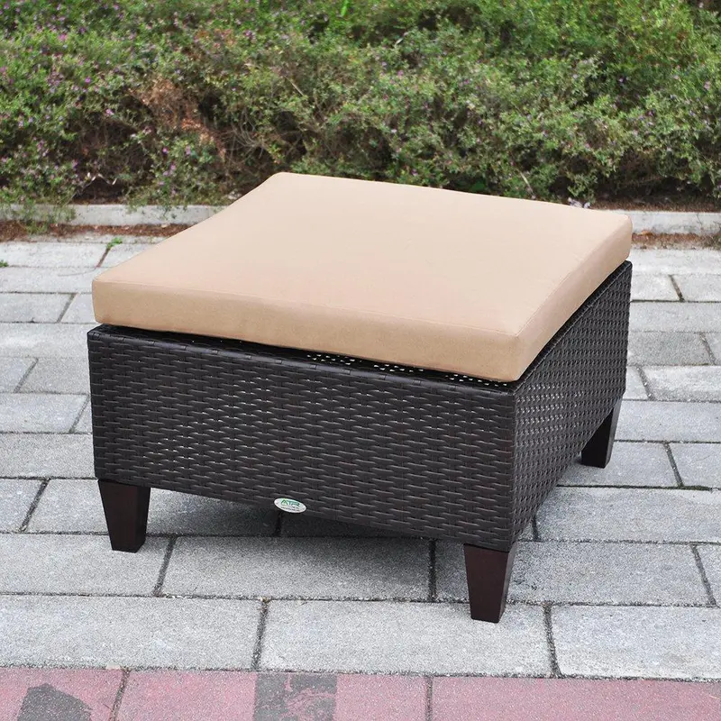 All-Weather Wicker Patio Ottoman – Cushioned Footrest Stool With Coffee Table Function (Brown) 1