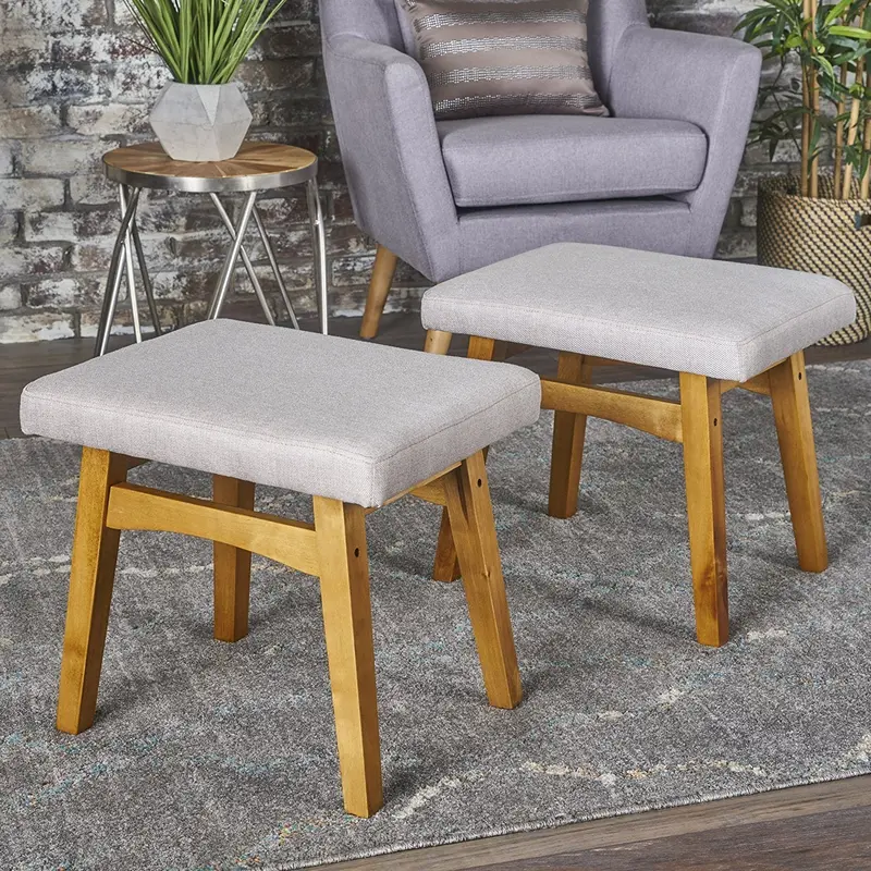 Analise Mid-Century Modern Foot Stool Set – 2 Upholstered Ottomans In Wheat Fabric 1