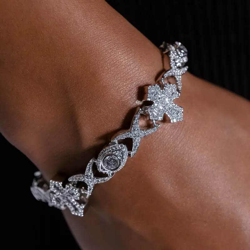 Baguette Cross Evil Eye Bracelet In White Gold 1