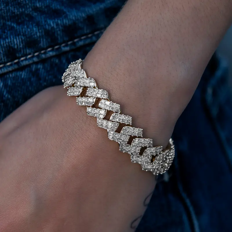Baguette Cuban Bracelet With Prong Setting – White Gold, 12Mm 1