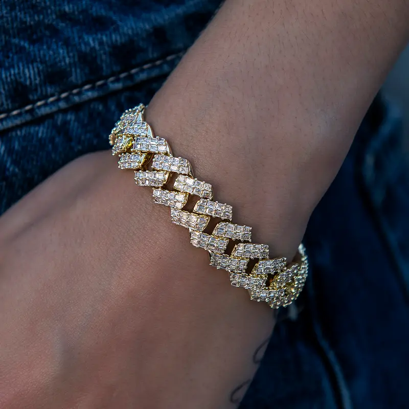 Baguette Cuban Bracelet With Prong Setting – Yellow Gold, 12Mm 1