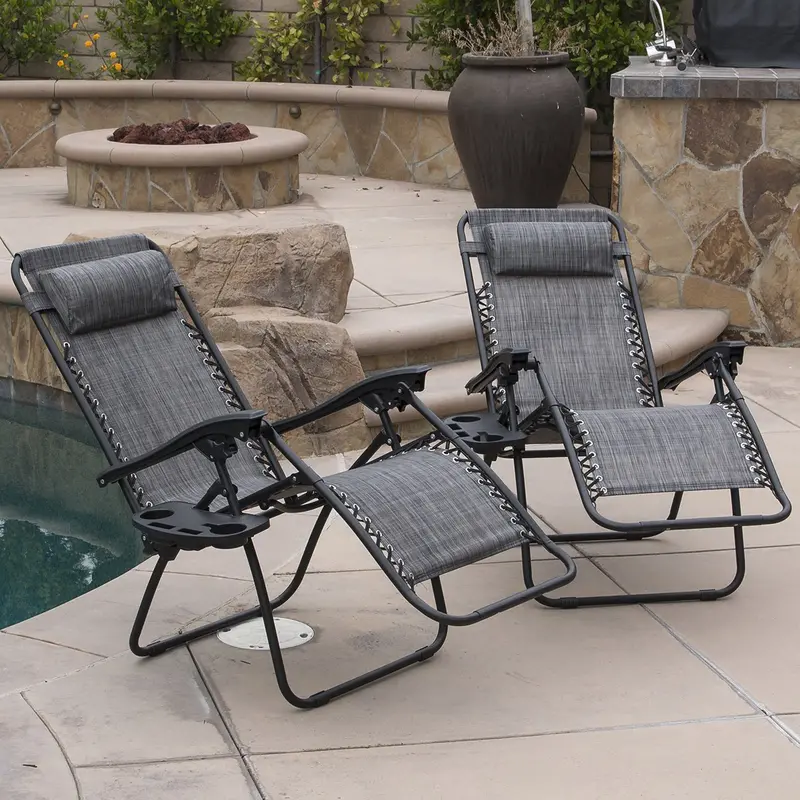 Belleze Gray Zero-Gravity Folding Patio Chairs With Built-In Drink Trays – 2-Piece Set 1