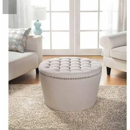 Better Homes & Gardens Round Tufted Nailhead-Trim Storage Ottoman – Cream Fabric 1