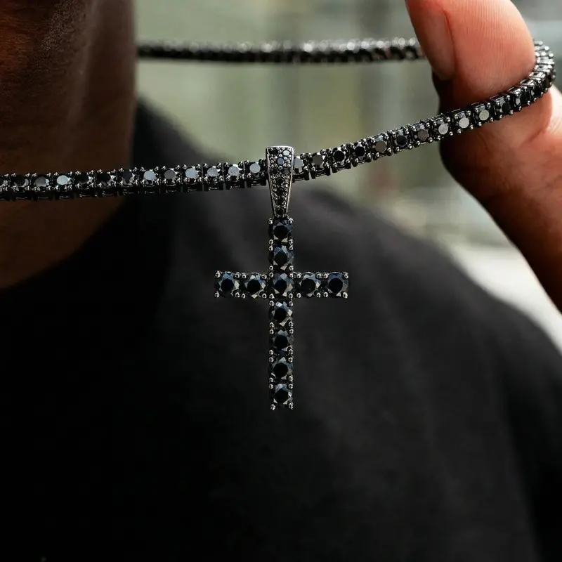 Black Diamond Tennis Chain With Matching Cross Pendant – 3Mm Black Finish 1