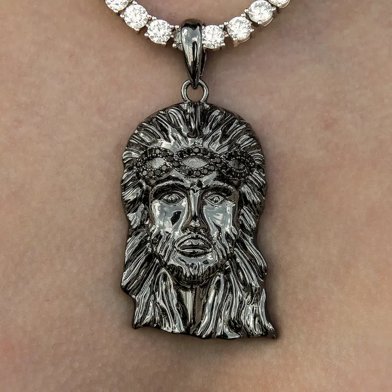 Black Rhodium Jesus Portrait Pendant With Diamond Crown Setting 1