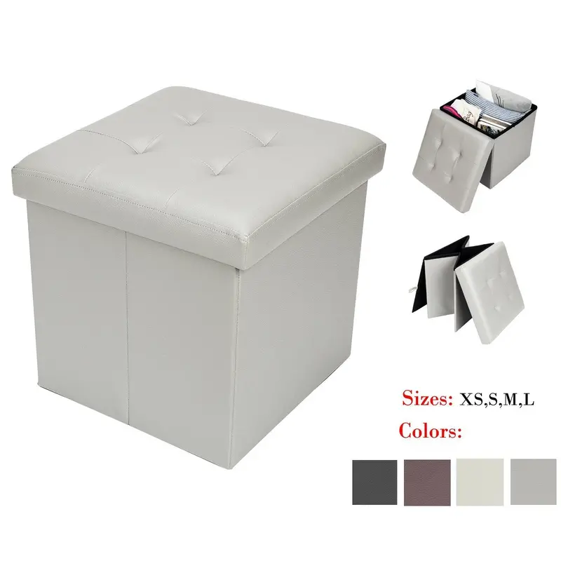 Bonnlo Grey Leather-Finish Folding Storage Ottoman – Multi-Use Bench, Footrest, Or Compact Coffee Table (15" Cube) 1