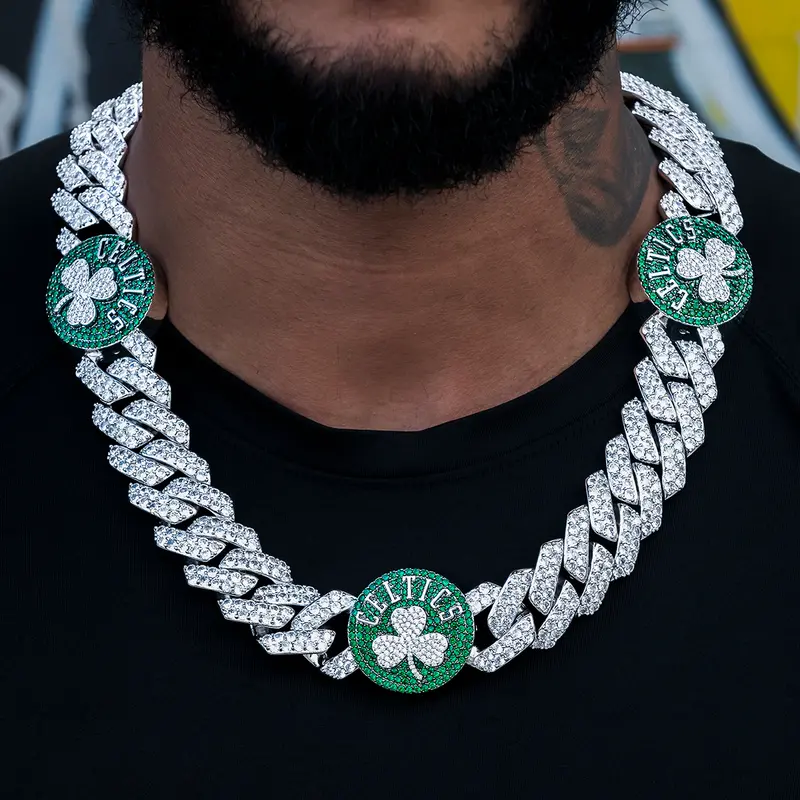 Boston Celtics Nba Cuban Chain – 25Mm White Gold With Diamond Prongs 1