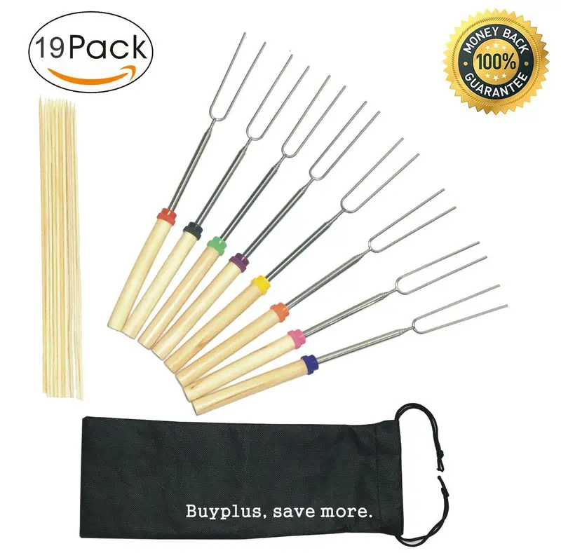 Buyplus Telescoping Marshmallow Roasting Sticks – 8-Pack Stainless Steel Bbq Forks With 10 Bamboo Skewers + Carry Bag 1