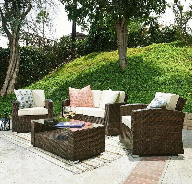 Carabelle Wicker 4-Piece Outdoor Conversation Set – Dark Brown & Beige With Cushioned Seating 1