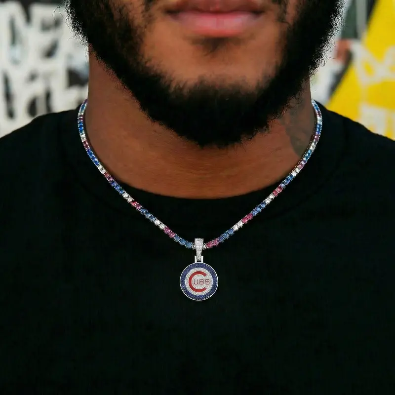 Chicago Cubs Mlb Logo Pendant + 3Mm Colored Diamond Tennis Chain – 14K White Gold Bundle 1