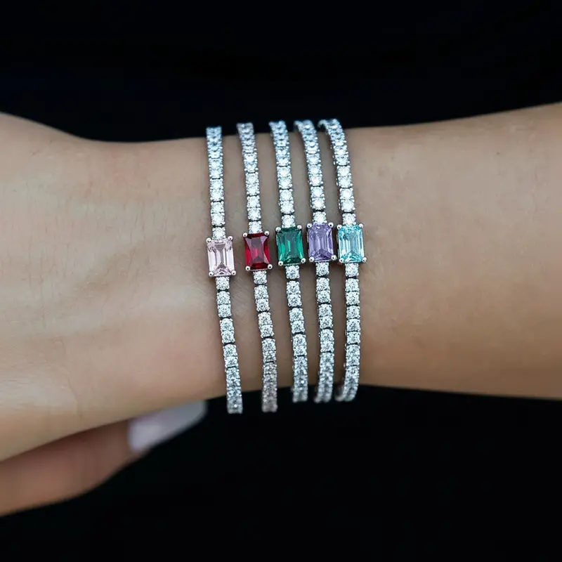 Colored Gemstone Iced Rock Diamond Tennis Bracelet In 14K White Gold 1