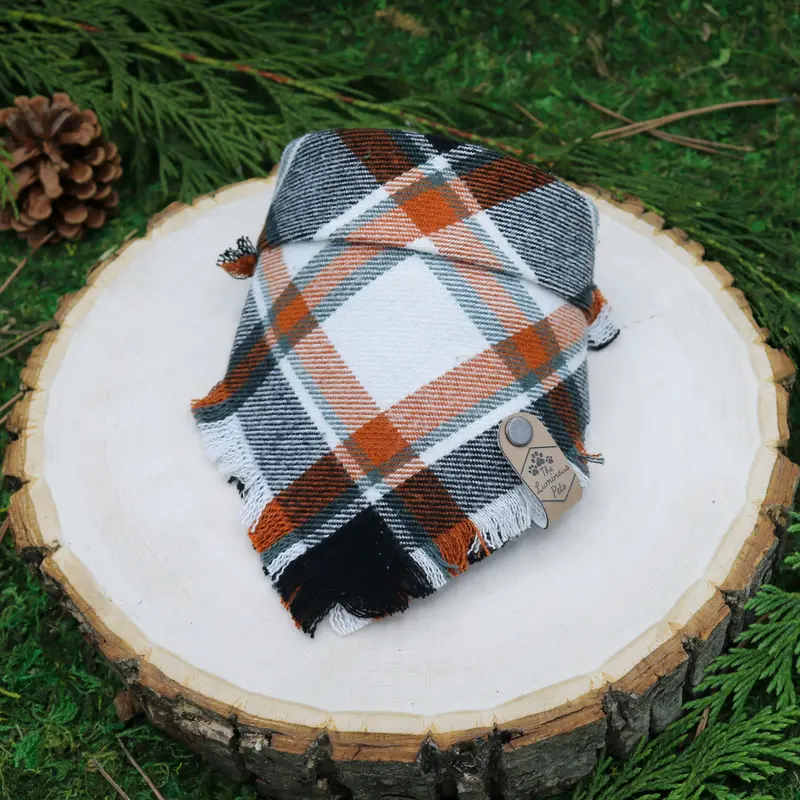 Columbia Gorge Frayed Snap-On Pet Bandana – Black/White/Rust Plaid 1