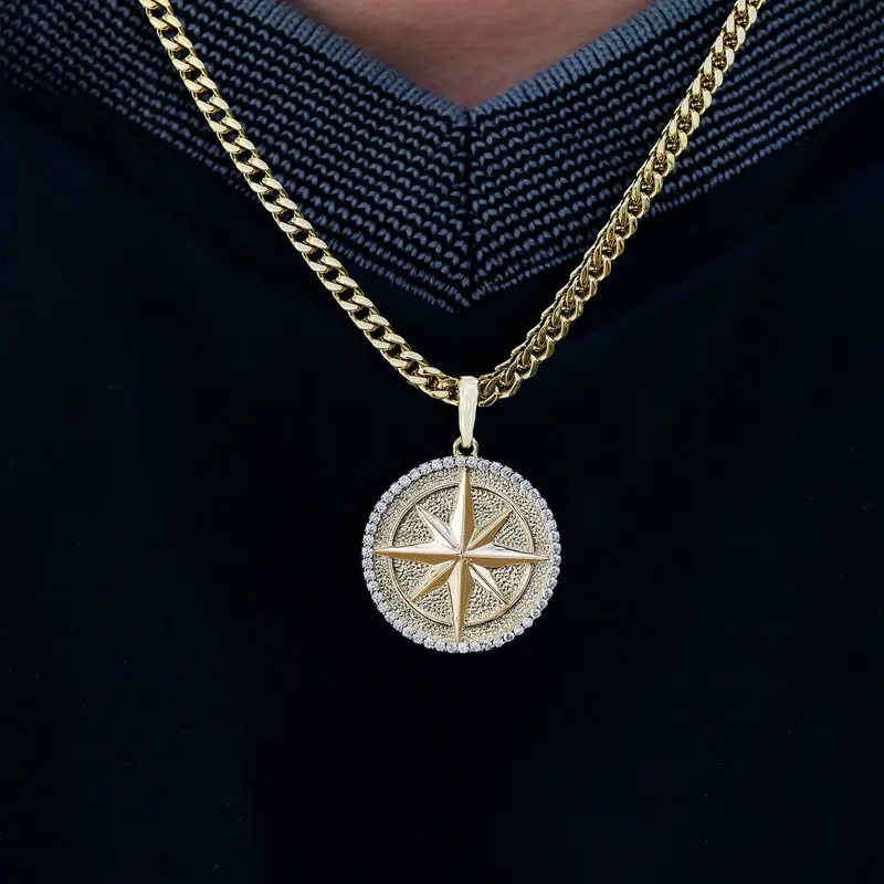 Compass Coin Pendant Featuring 3Mm Yellow Gold Franco Chain 1