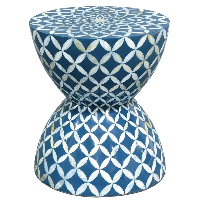 Cornflower Coastal Shell-Inlaid Stool – Hourglass-Shape Blue-And-White Accent Side Table 1
