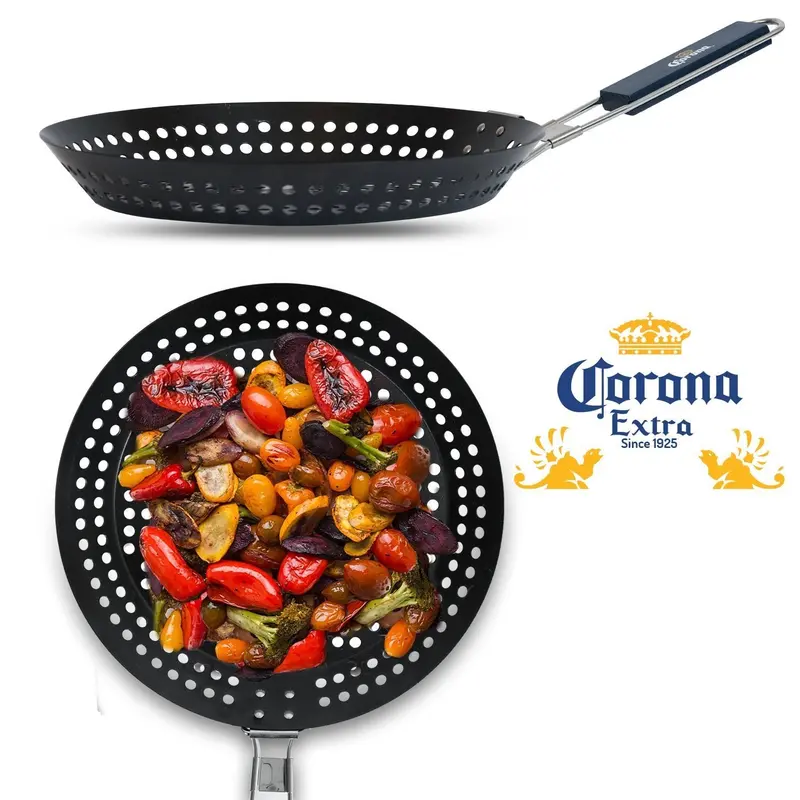Corona Stainless Steel Round Grilling Basket – 12-Inch Fish & Veggie Bbq Tool With Foldable Wooden Handle For Camping 1
