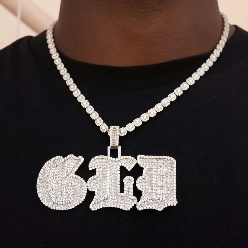 Custom Gothic-Font Name Plate Pendant With Baguette Diamonds 1