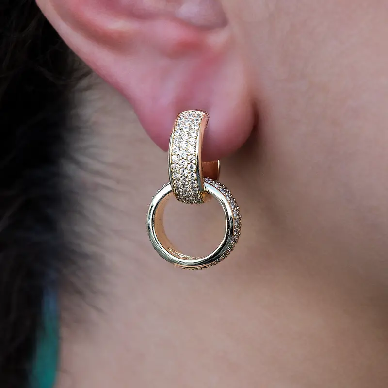 Diamond Double Hoop Drop Earrings – 14K Yellow Gold 1
