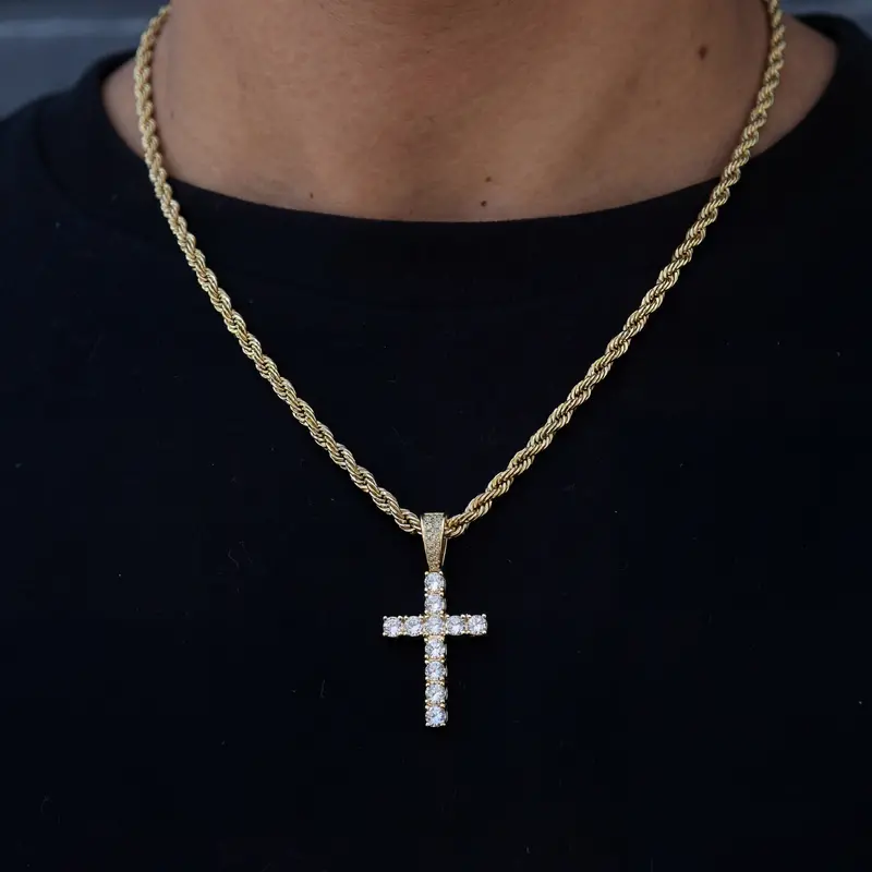Diamond-Encrusted Cross Pendant With 4Mm Yellow Gold Rope Chain 1