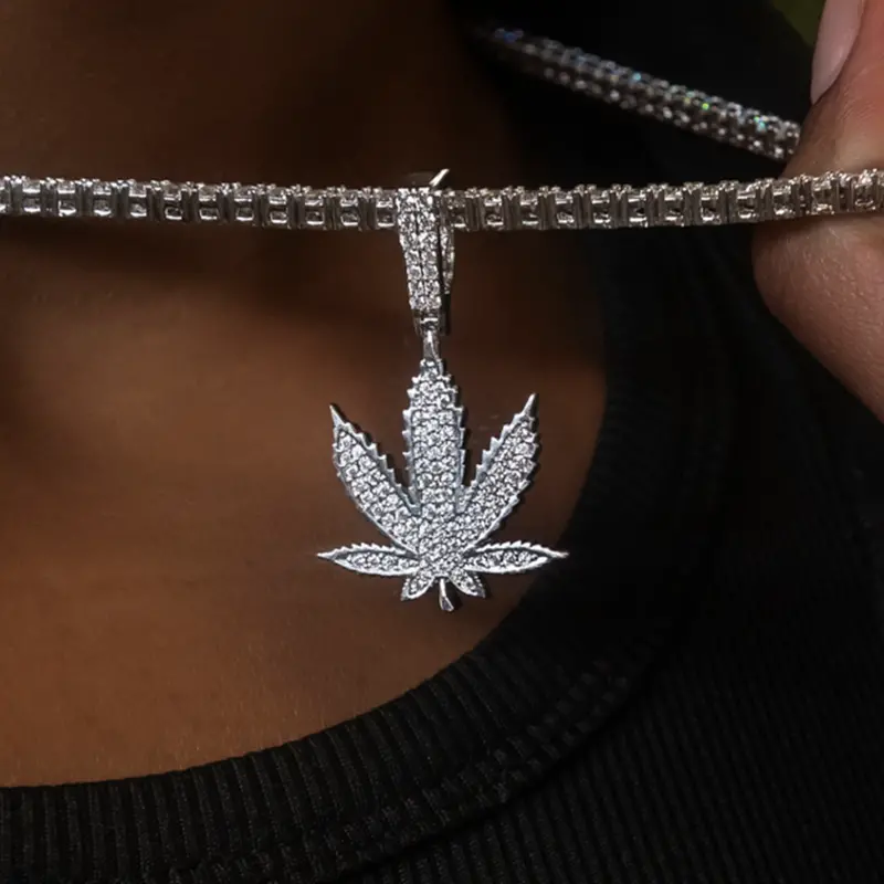 Diamond-Encrusted Weed Leaf Pendant In 14K White Gold 1